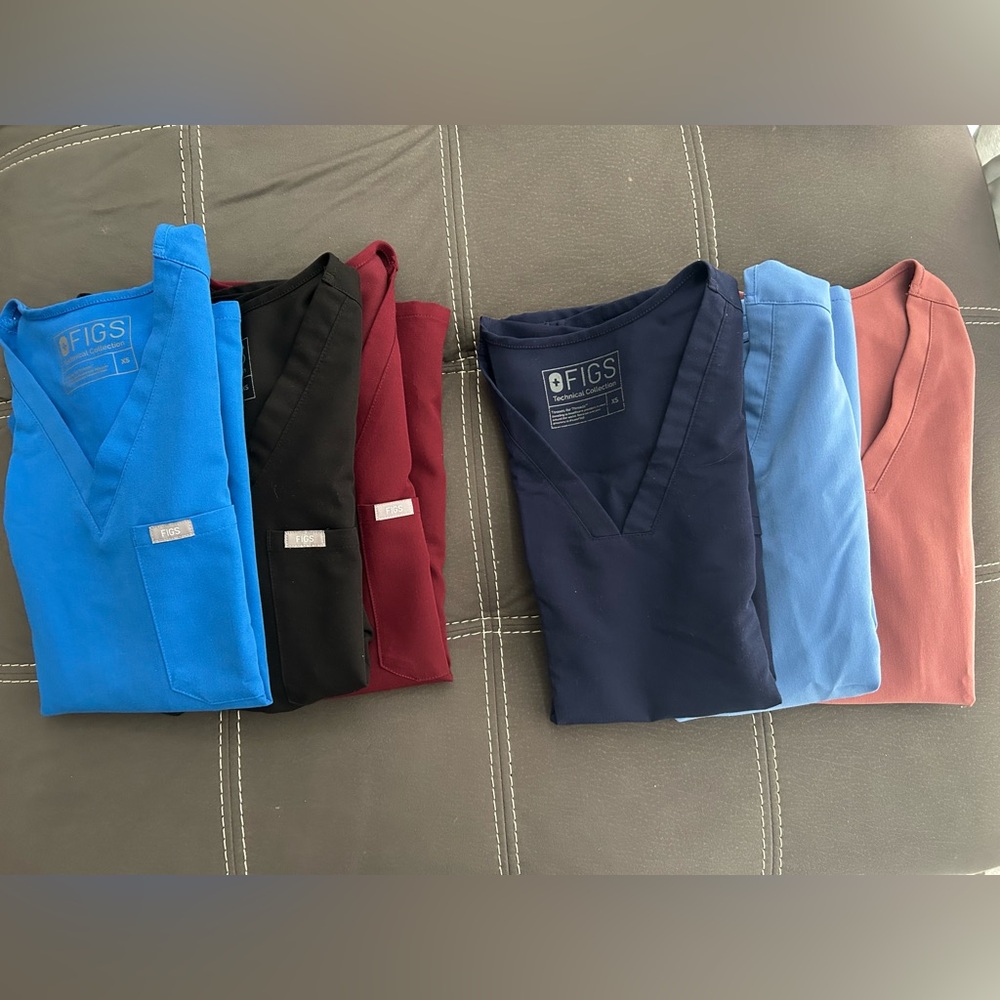 Figs Women's Tops in Black, Burgundy, Blue, Navy, Light Blue, and Mauve